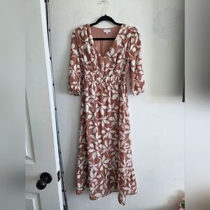 Luxology Brown and White Floral Long Sleeve Dress